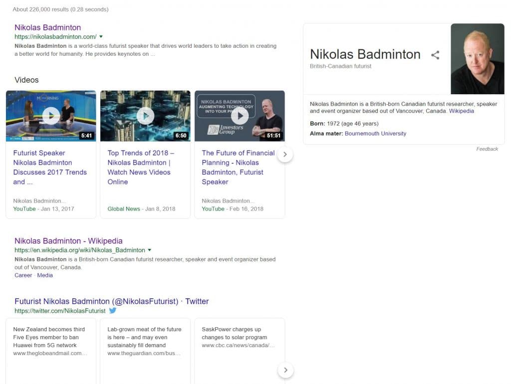 Example Organic Search Results for Nikolas Badminton