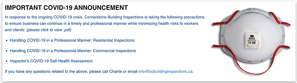 Important COVID 19 Announcement from Cornerstone Building Inspections homepage
