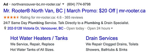 Mr Rooter Google Ad with Sitelink Examples