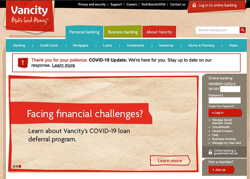 Vancity Bank with COVID 19 Announcements on Homepage